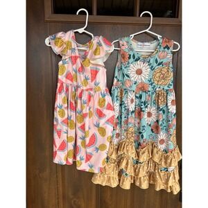 ADORABLE SWEETNESS Tutti Frutti Girls Dress & Mustard Teal Floral Ruffle SZ (4)